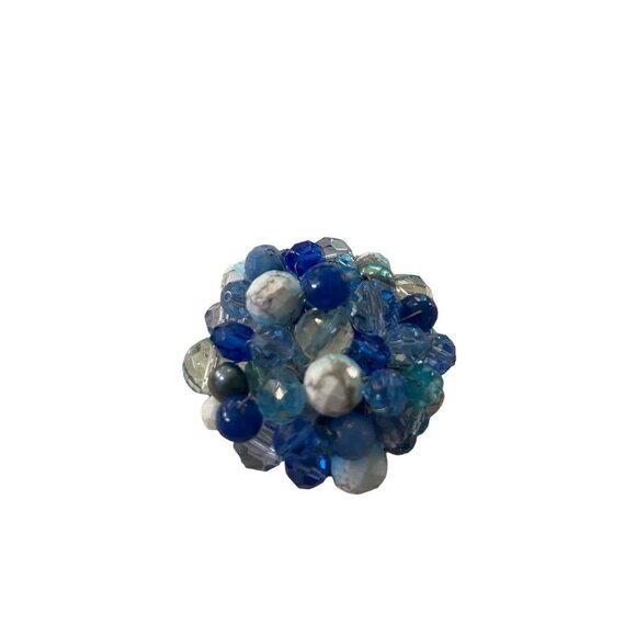 Mixed Blue Tones Beaded Cluster Brooch Statement 2.5" Diameter Pin - Picture 2 of 12